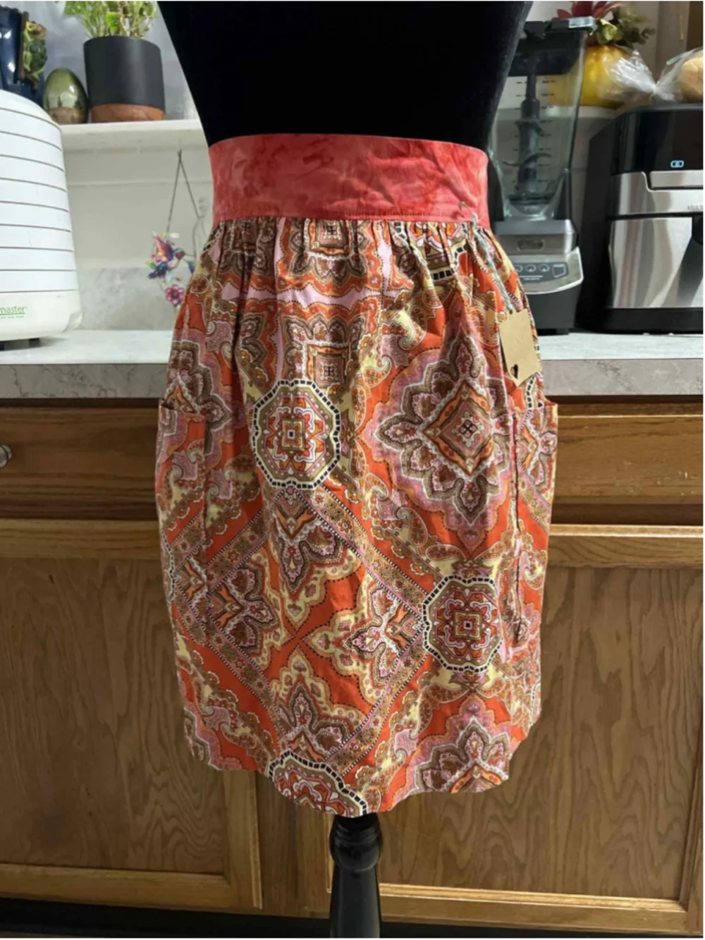 Handmade Kitchen Waist Apron with Pockets Retro Boho Orange Red Pink Pattern NEW